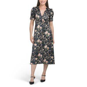 ELIZABETH JAMES THE LABEL Black Reese Short Sleeve Floral Midi Dress